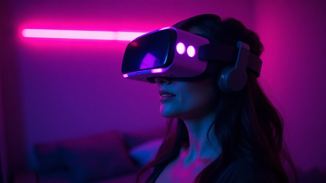 Woman enjoying immersive VR cam experience with a virtual reality headset